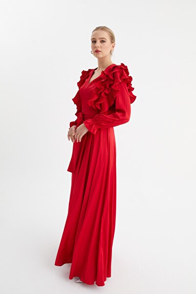 Balizza Kolları Fır Fır Detaylı Kruvaze Yaka Uzun Elbise