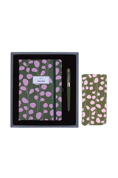 Victoria's Journals Leather Hard Covered Striped Notebook 14x20 Cm + Pen + Pencil Bag