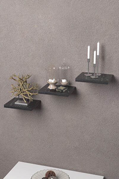 ilkal Duvar Rafı Dekoratif 3 Adet Çiçeklik Kare Siyah Mermer Desen