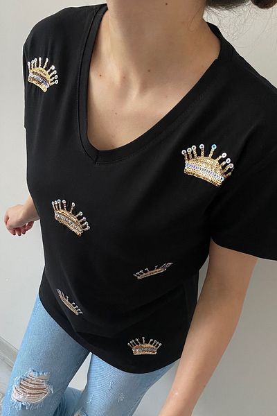 FEMELLE Tricou negru din bumbac cu decolteu în V King Crown brodat cu paiete