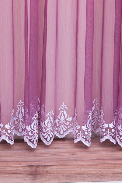 perhal perde ve halı Gradient Color Gradient Plum Moretecs, Embroidered Lingerie and Background Complete Set, Sparse Pleated Tulle Curtain