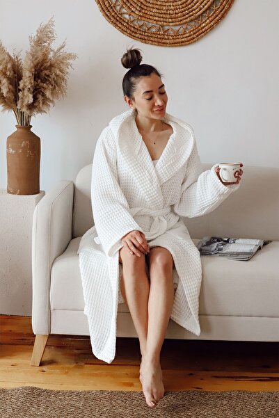 vivamaison Waffle Adult Bathrobe Soft Pique Fabric Hooded White