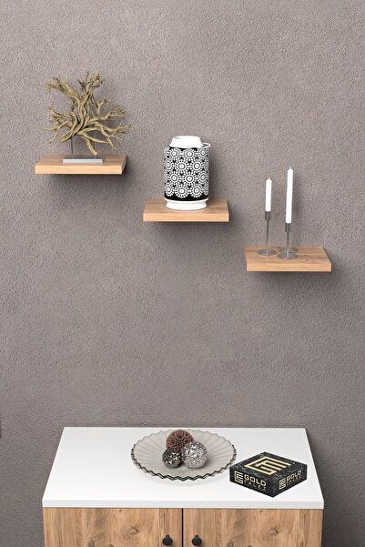 ilkal Duvar Rafı Dekoratif 3 Adet Çiçeklik Kare Ceviz