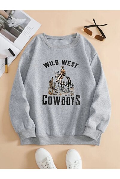 Serbella Kovboy Baskılı Gri Oversize Unısex Sweatshirt