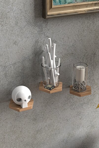 ilkal Duvar Rafı Dekoratif 3 Adet Çiçeklik Altıgen Ceviz