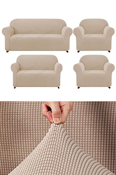 BASHTUGH TİCARET Yüksek Esnek Koltuk Kanepe Çekyat Örtüsü Lastikli Pitikare Desen3+2+1+1 Likralikö3211 Takım