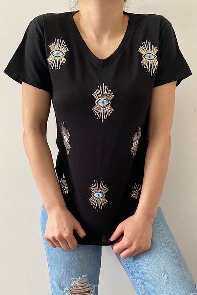 FEMELLE Tricou negru de damă, cu decolteu în V, cu paiete și broderie