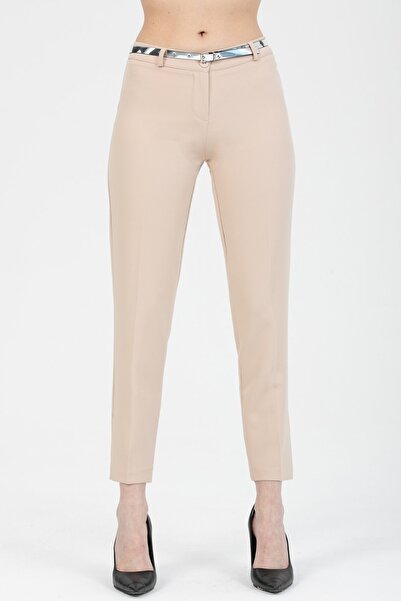 MD trend Women's Beige Belted Classic Fabric Trousers