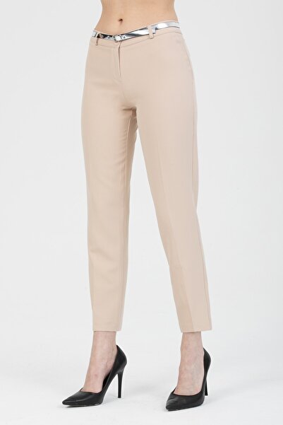 MD trend Women's Beige Belted Classic Fabric Trousers