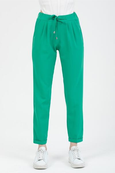 MD trend Women's Green Tied Front Hidden Zipper Double Pocket Leg Layered Trousers