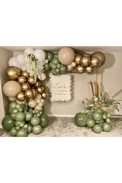 MERİ PARTİ 100 Pieces Balloons And Balloon Chain Mold Green Sea Sand White And Gold Chrome Balloon Concept Balloon