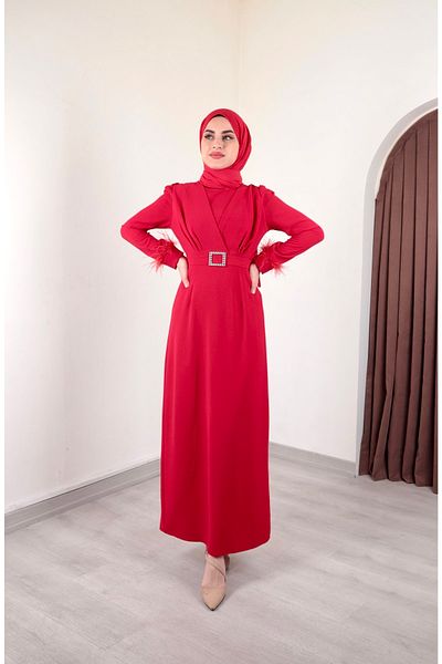 Aranlı tekstil Hijab Dress Sleeves in Pencil Form with Feather Detail