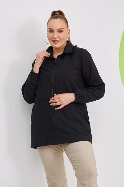 RMG Plus Size Black Trench Coat with Leopard Pattern Lining