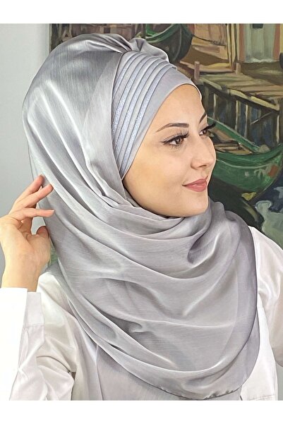 BUTİKAMBAR Saray Model Simli Drapeli Fransız Şifon Açık Gri Hazır Şal