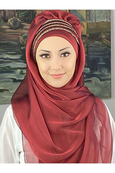 BUTİKAMBAR Saray Model Simli Drapeli Fransız Şifon Bordo Hazır Şal