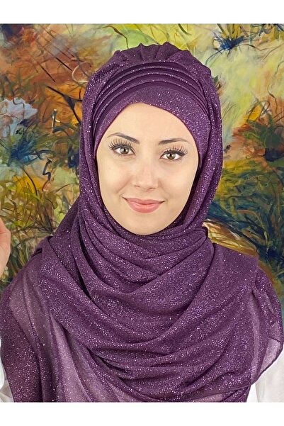 BUTİKAMBAR Saray Model Fransız Şifon Drapeli Simli Koyu Mor Hazır Şal