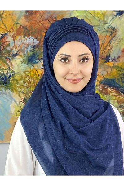 BUTİKAMBAR Saray Model Fransız Şifon Drapeli Simli Lacivert Hazır Şal