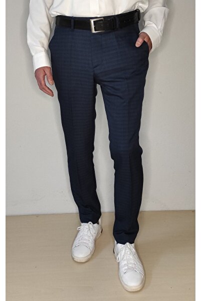 Bomenti Life Men's Plaid Navy Blue Slim Fit Sports Trousers