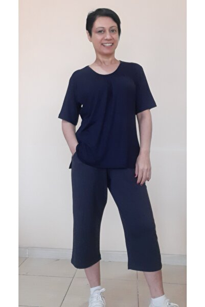 Mertcan Butik Navy Blue Collar Gathered Capri Size Pocket Combed Cotton Viscose Casual Pajamas Set