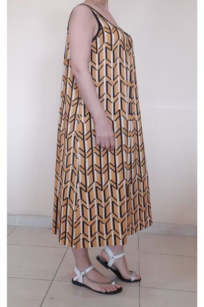 Mertcan Butik Mustard Black Patterned Combed Cotton Viscose Dress with Gathered Front and Back