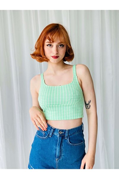 Jose Clothing Γυναικείο Crop Top Water Green Gingham με σχέδιο - λουράκι