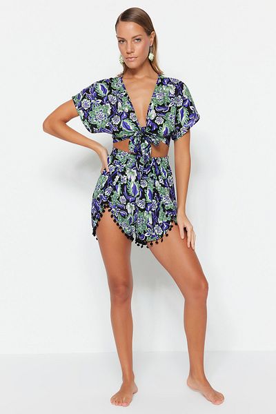 Trendyol Collection Floral Print Woven Stripe Accessory Blouse Shorts Beach Suit Tbess19Bb0257