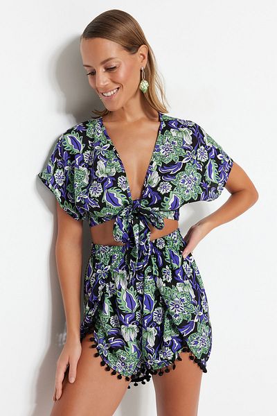 Trendyol Collection Floral Print Woven Stripe Accessory Blouse Shorts Beach Suit Tbess19Bb0257