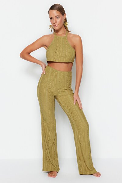 Trendyol Collection Khaki Pletená krajková halenka a kalhoty TBESS23AU00038