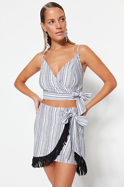 Trendyol Collection Csíkos szőtt bojt 100% pamut blúz strandszoknya öltöny TBESS23AU00080