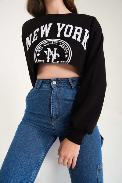 Jose Clothing Μαύρο φούτερ Crop - New York Printed, Raised