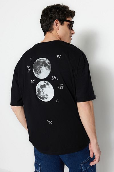 Trendyol Collection Space Printed Μαύρο Oversize Βαμβακερό T-Shirt - TMNSS23TS00125