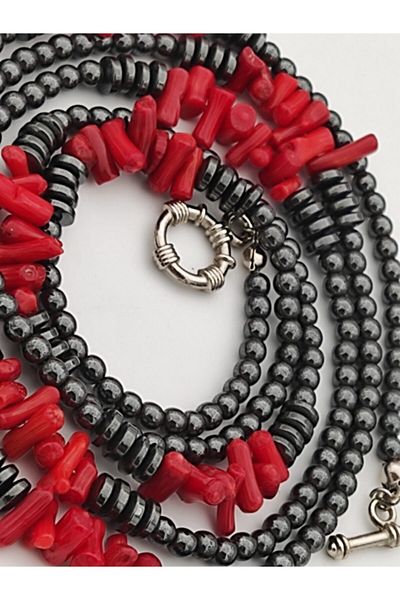Stoneage Hematite Coral Sailor Lock Evil Eye and Healing Necklace