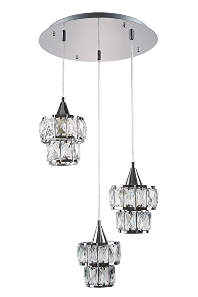 Uçar Kontes 3'lü Sarkıt Kristal Taşlı Modern Avize