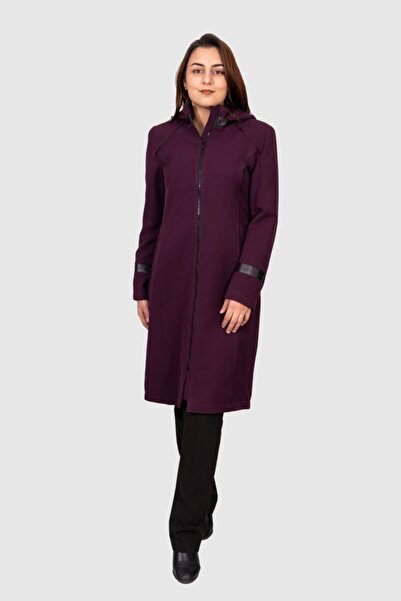 AGS MODA Mürdüm Fermuarlı Kapüşonlu Kolları Deri Detaylı Cepli Ara Boy Kaban