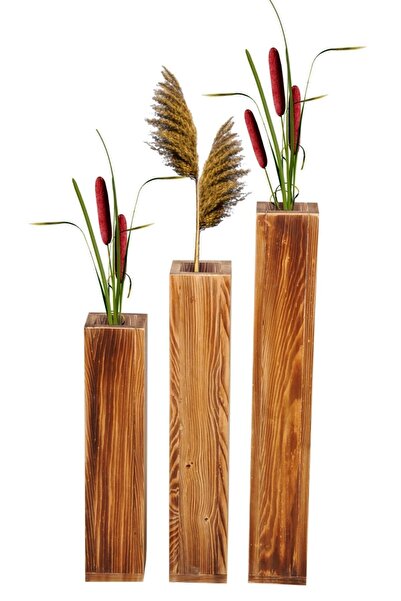 Genel Markalar Ahşap Dekoratif Vazo Kuru Çiçek Vazo 3 Lü Set Vazo