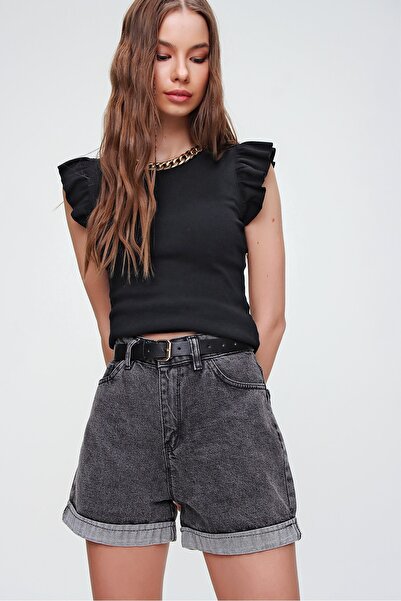 Trend Alaçatı Stili Shorts - Gray - High Waist
