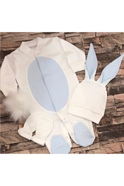 BABY SU Isme Özel Yazılı Ekru Mavi Tavşanlı Tulum Seti Hastane Çıkışı