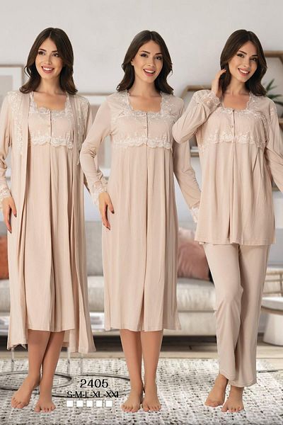 Effort Pijama طقم بيجامة للحوامل بأكمام طويلة من الدانتيل باللون القهوة الحليبي للنساء مع ثوب نوم وملابس نوم مكونة من 4 قطع