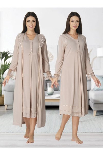 Lohussa Effort Mink Lace Λεπτομερές μακρυμάνικο νυχτικό εγκυμοσύνης σετ ρόμπα