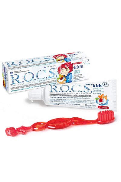 R.O.C.S. مجموعة معجون أسنان وفرشاة أسنان للأطفال بعمر 3-7 سنوات، 35 مل، باللون الأحمر
