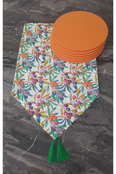 dehaberk Olive Branch Patterned Runner + 6 Pieces Orange Placemat Set