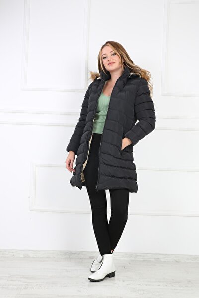 B&T Women's Black Colored Removable Hooded and Fur Puffer Coat.