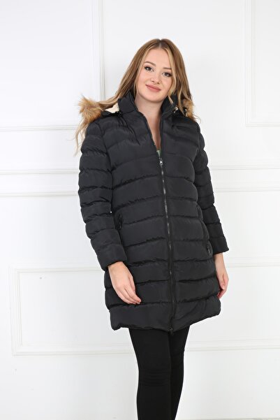B&T Women's Black Colored Removable Hooded and Fur Puffer Coat.