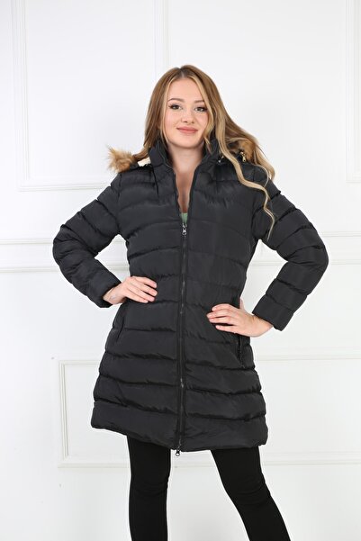 B&T Women's Black Colored Removable Hooded and Fur Puffer Coat.