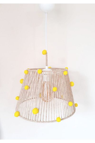 C&A&B KUZEY AVİZE Wicker Rope Wrapped Yellow Color Pompom Baby and Children's Room Pendant Lamp Chandelier