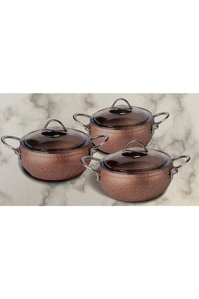 Özkent Cast Rose Steel Handle 3-Piece Granite Casserole Pot Set