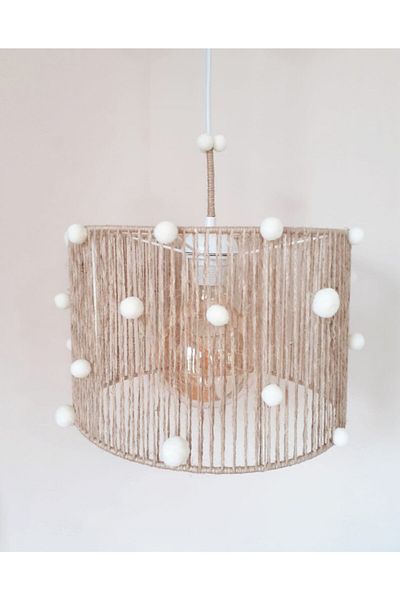C&A&B KUZEY AVİZE Wicker Rope Wrapped Ecru Pompom Baby and Children's Room Pendant Lamp Chandelier