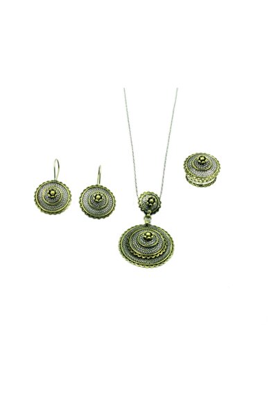 Aykat Telkari Otantik Gümüş Set Kadın Küpe Kolye Ve Yüzük Modeli Set-325