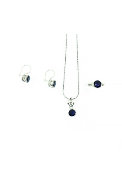 Aykat Safir Taşlı Gümüş Üçlü Set Kadın Yüzük Küpe Kolye Takım Set-321