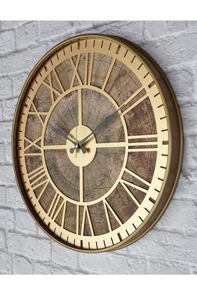 Markakanvas Metal Kasalı Eski Dünya Haritalı Gold Golden Duvar Saati 50cm